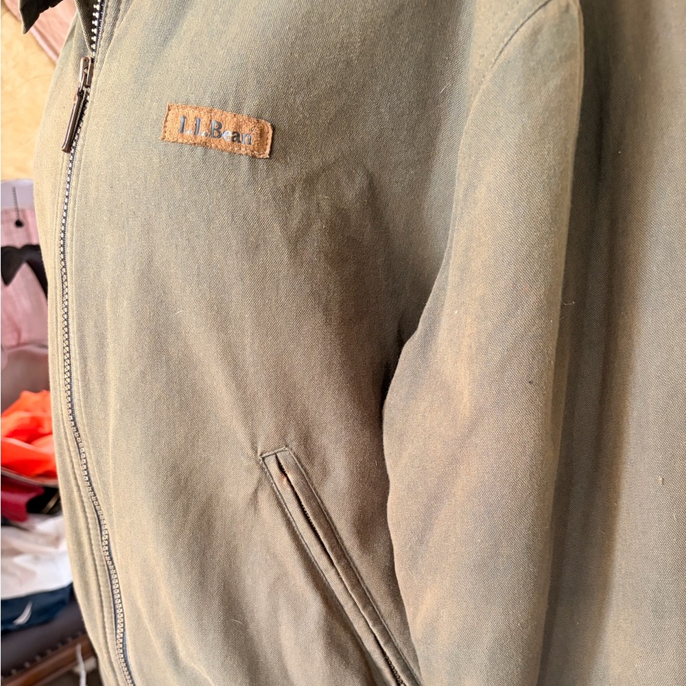 L.L. Bean Olive Green Bomber Jacket with Brown Collar - Picture 9 of 12